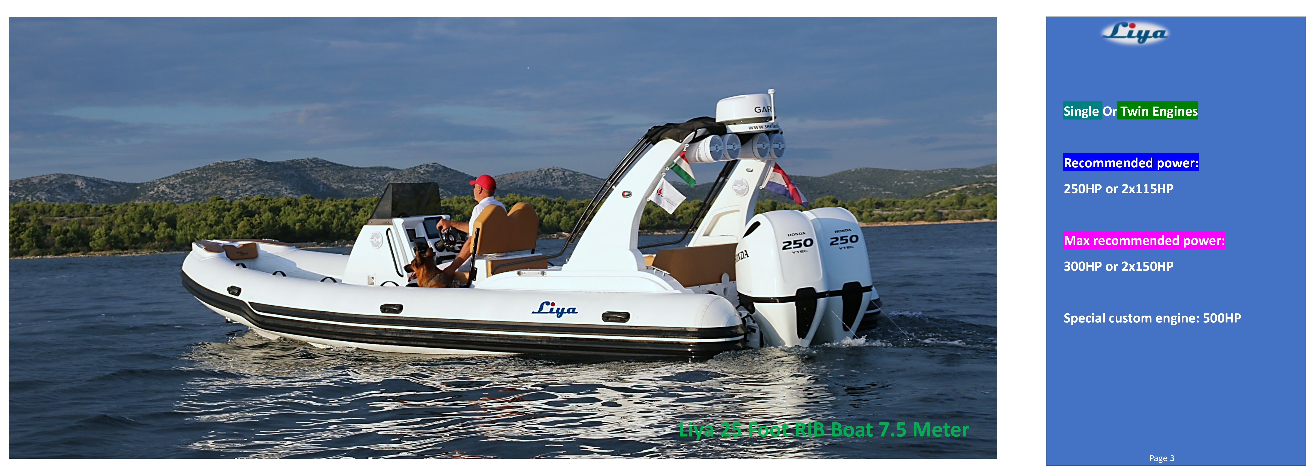 Liya 7.5m 25FT Semi-Rigid Inflatable Boat cruising on open water - premium leisure fishing boat Deep-V hull design of Liya 25ft semi-rigid boat