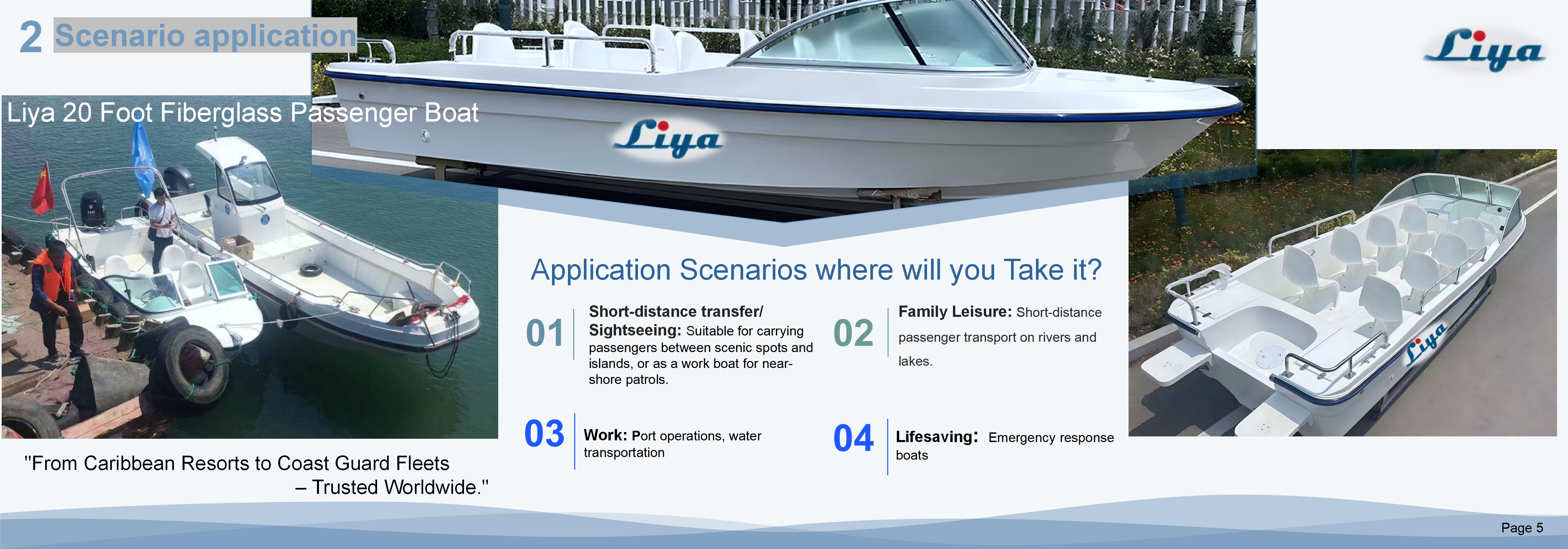 Liya 20-foot fiberglass passenger boat on calm water, versatile for adventure and business.