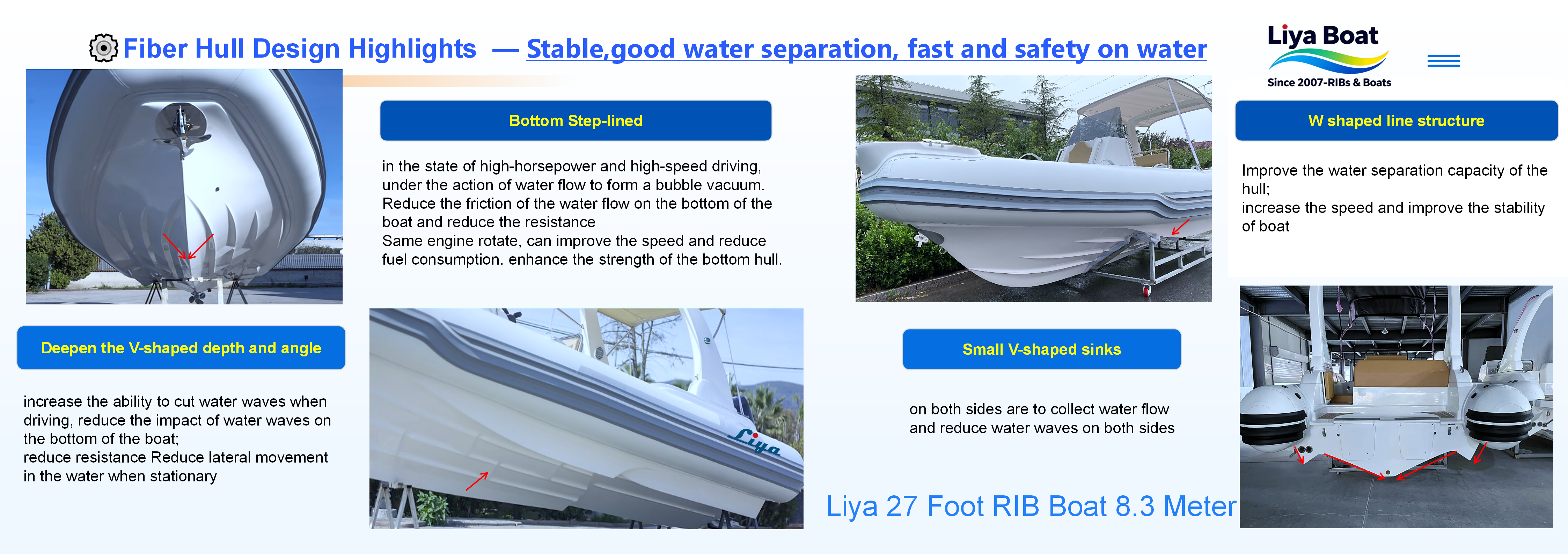 Premium fiberglass hull construction ensuring strength and durability for versatile commercial and leisure use Premium fiberglass hull construction ensuring strength and durability for versatile commercial and leisure use