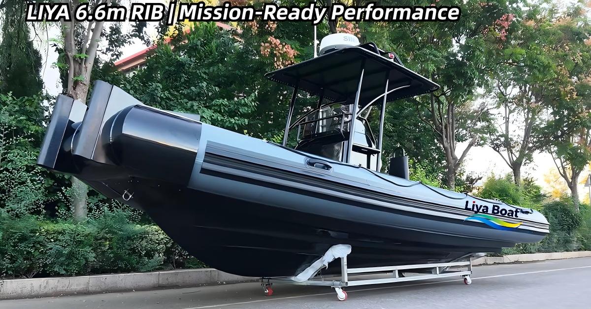 Liya 6.6m (22FT) professional military-grade RIB, showcasing its rugged fiberglass hull in a low-visibility black or dark grey tactical finish.