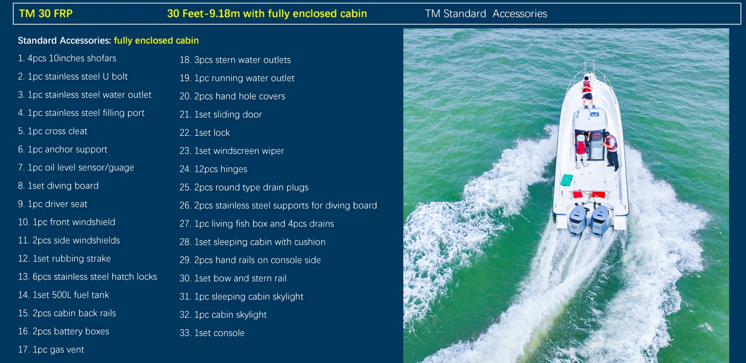 30ft cabin boat for 9 people with Standard accessories 30ft cabin boat for 9 people with Standard accessories