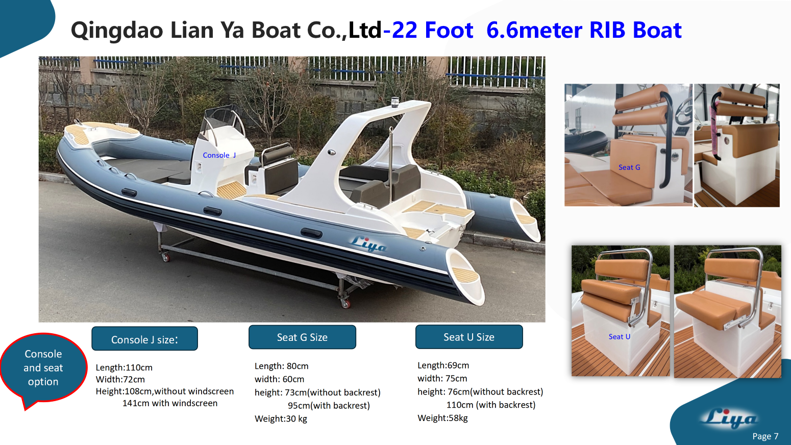 Liya 22 Foot RIB Classic with center console Liya 22 Foot RIB Classic with different seats and console