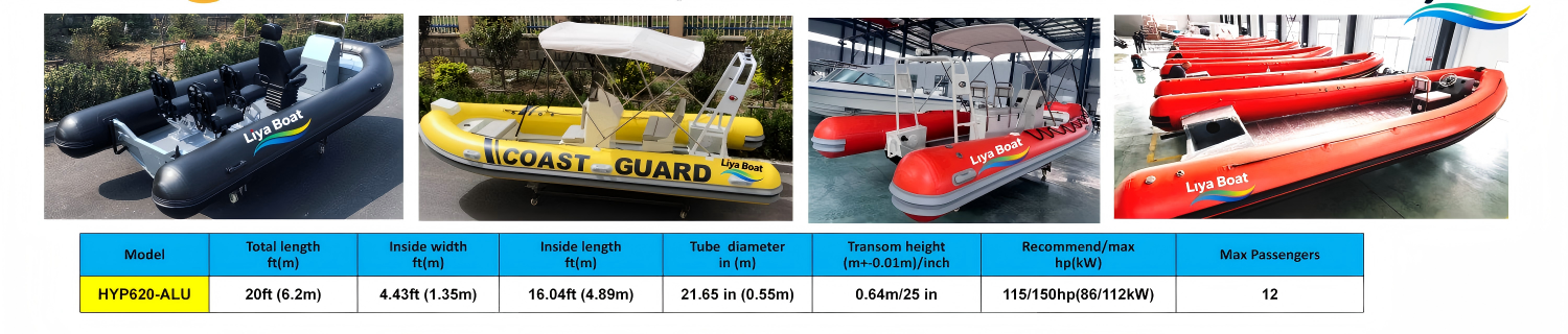 Custom Color Option Examples for Tubes and Hull Liya Open Deck RIB Boats-6.2m Aluminum Hull