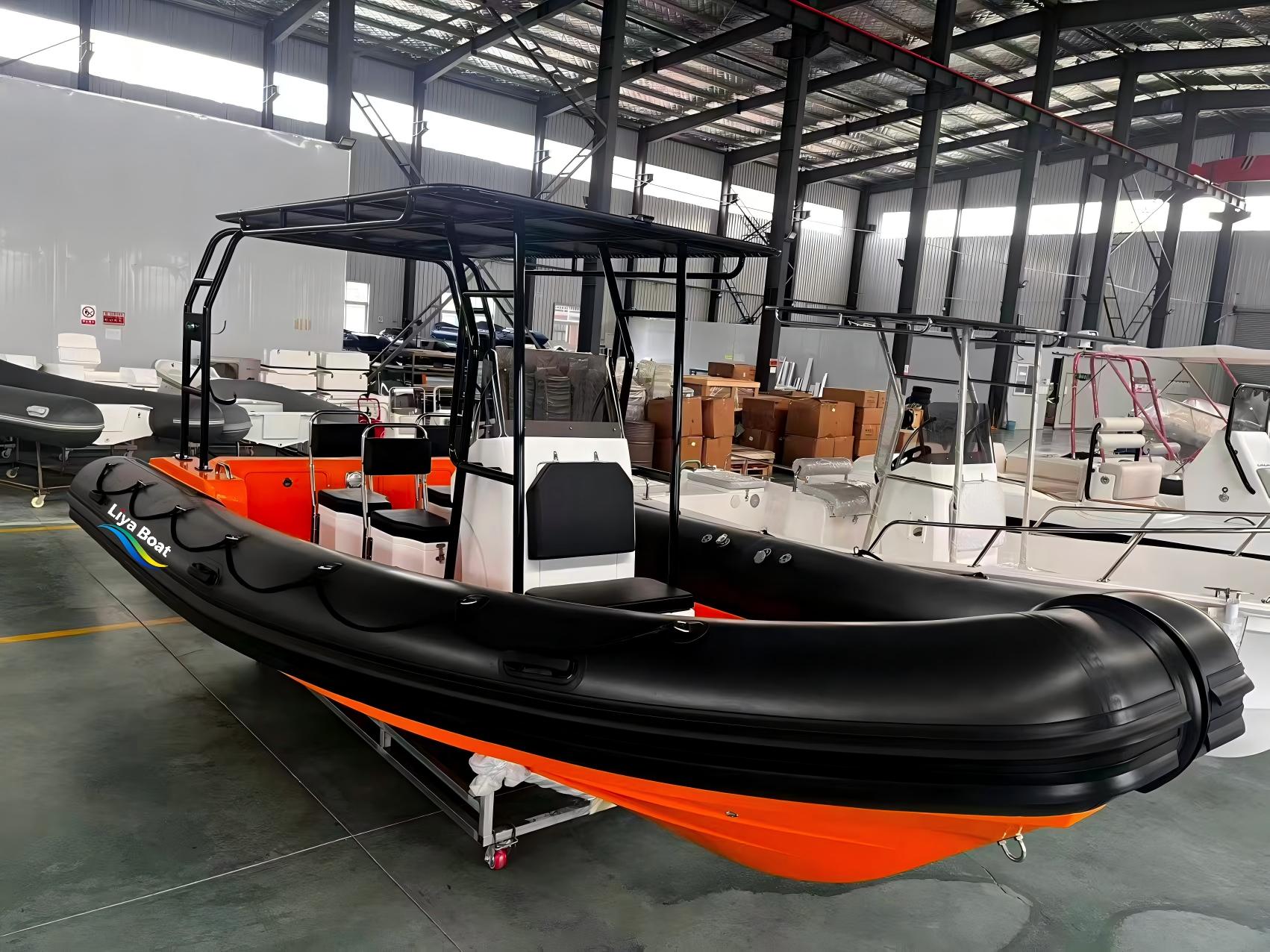 Liya black RIB with flexible seating configuration, adaptable for 4 to 8 personnel to meet specific mission needs.