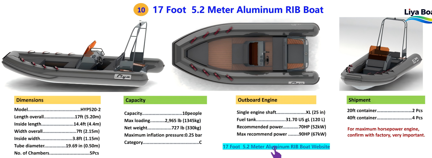Liya-5.2m-aluminum-rib-boat-side-view-center-console 17 Foot5.2 Meter Aluminum RIB Boat