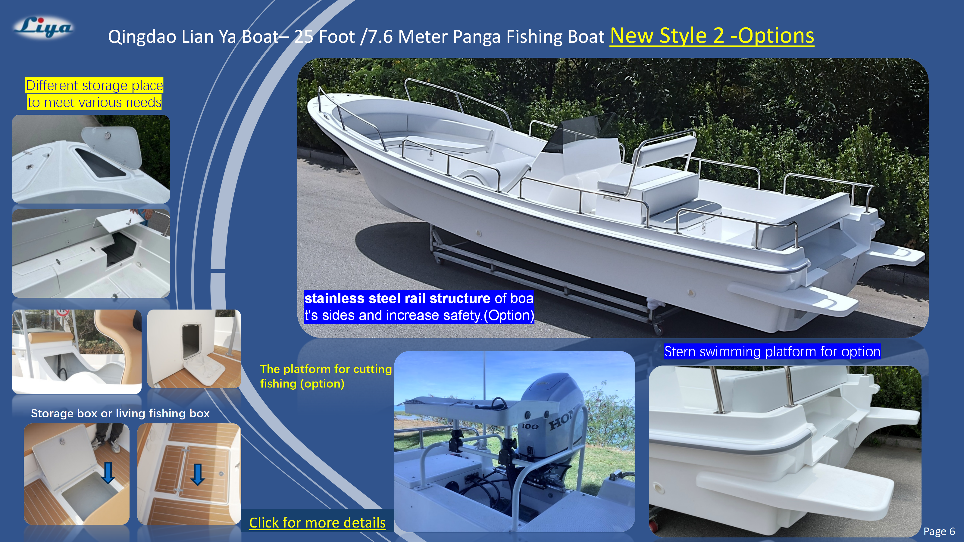 Multiple built-in storage compartments and spaces throughout the Liya fiberglass boat for organizing gear.