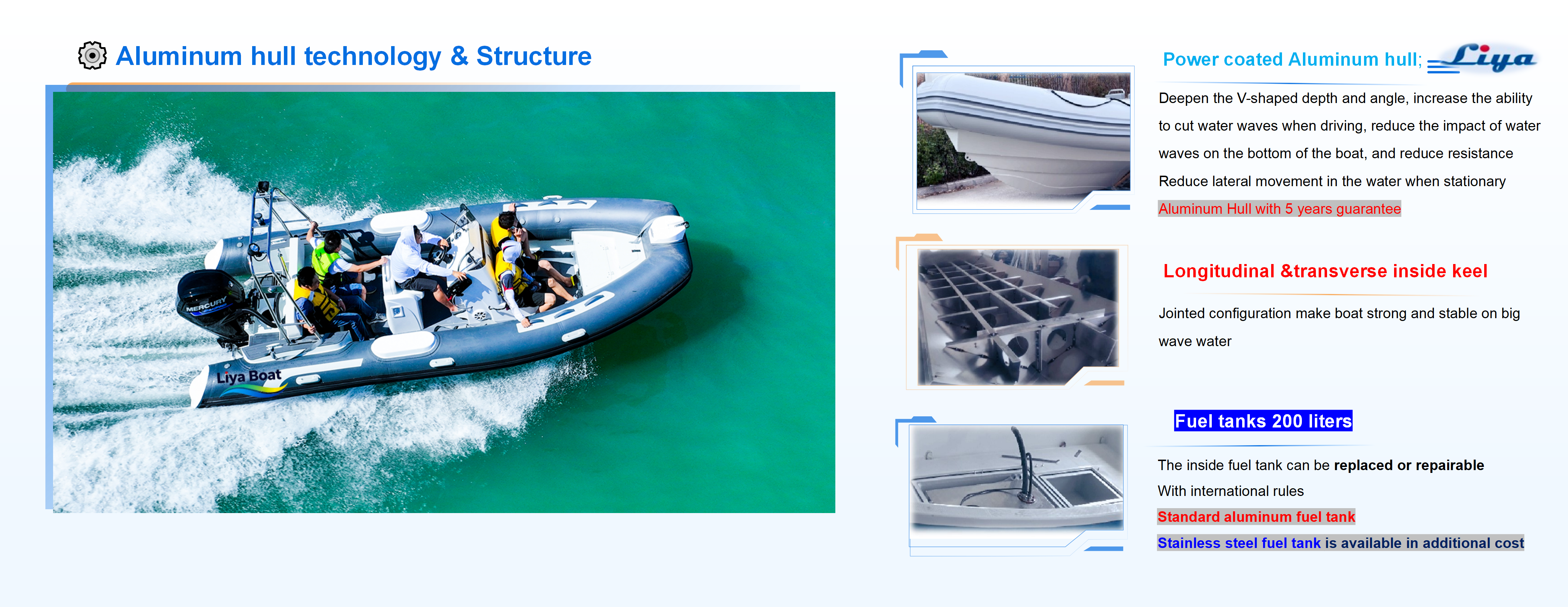 22ft diving inflatable boat with aluminum hull and fuel tank