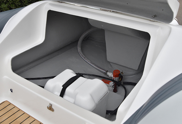 Multiple integrated storage compartments and under-seat space in the Liya tender