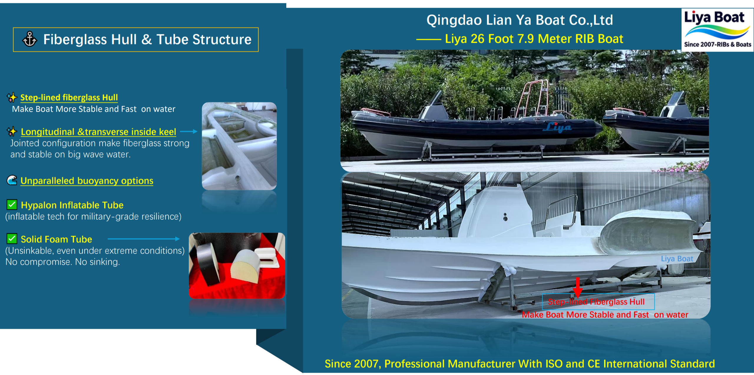 7.9m RIB boat with step lined fiberglass hull for better stability and speed on water