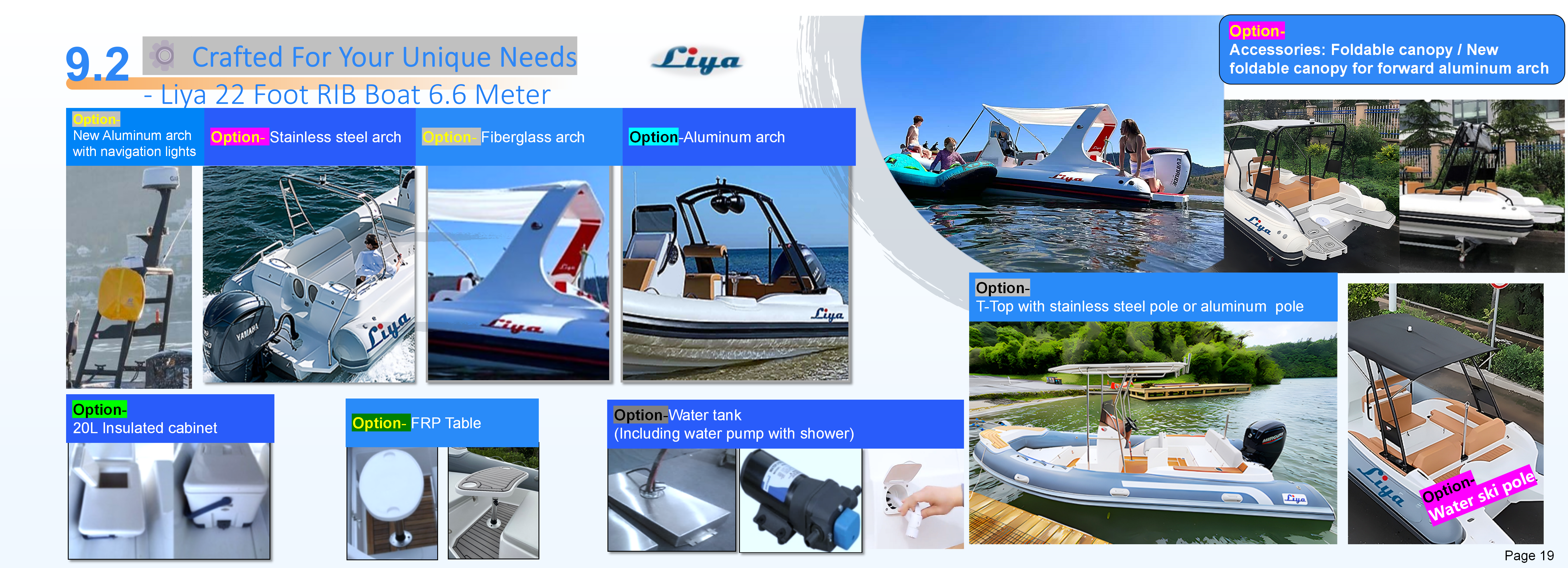 Elegant T-Top with integrated mounts on 12-person fiberglass RIB for shade and style