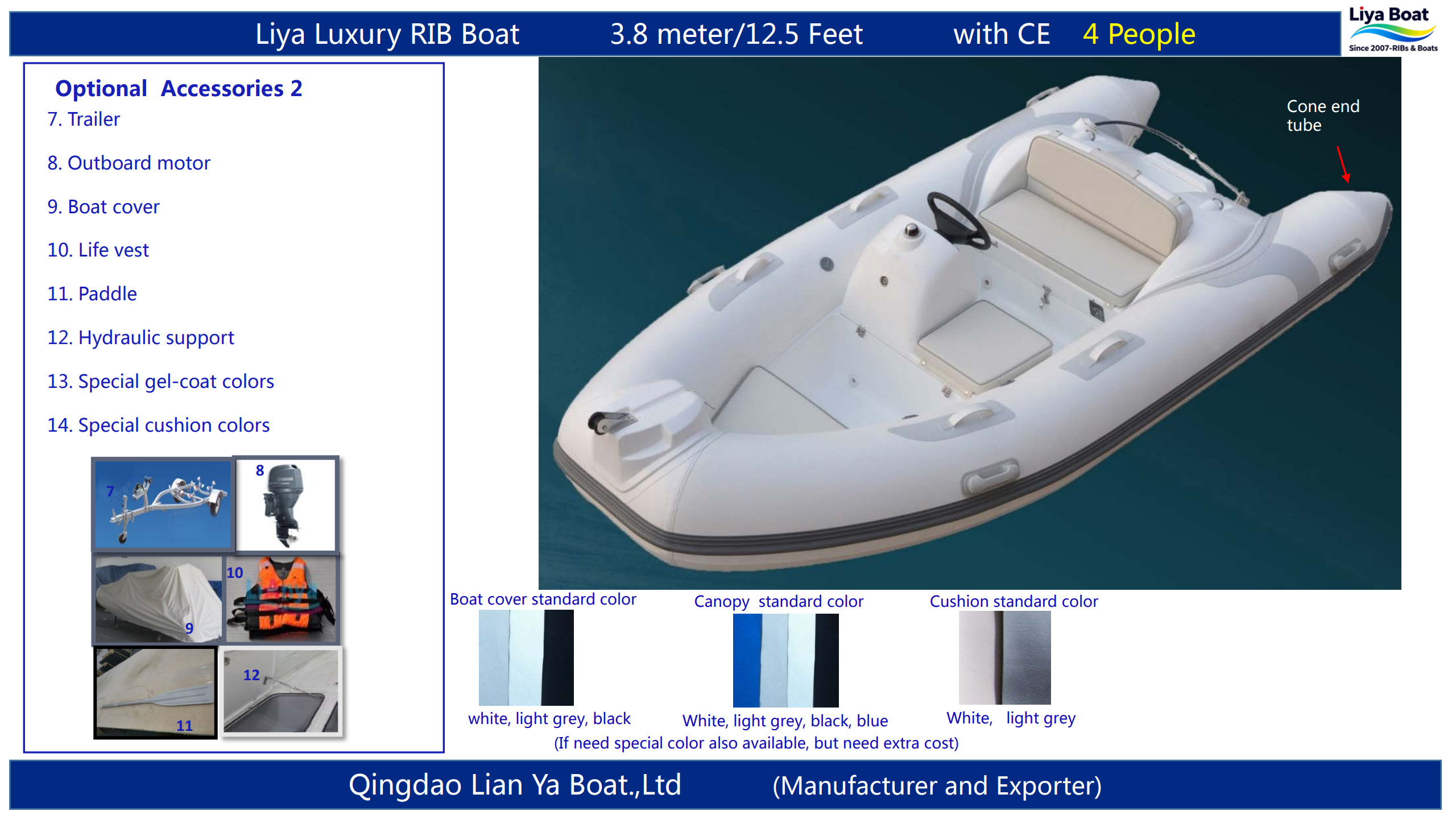 3.8m rib tender boat for sale of optional accessories