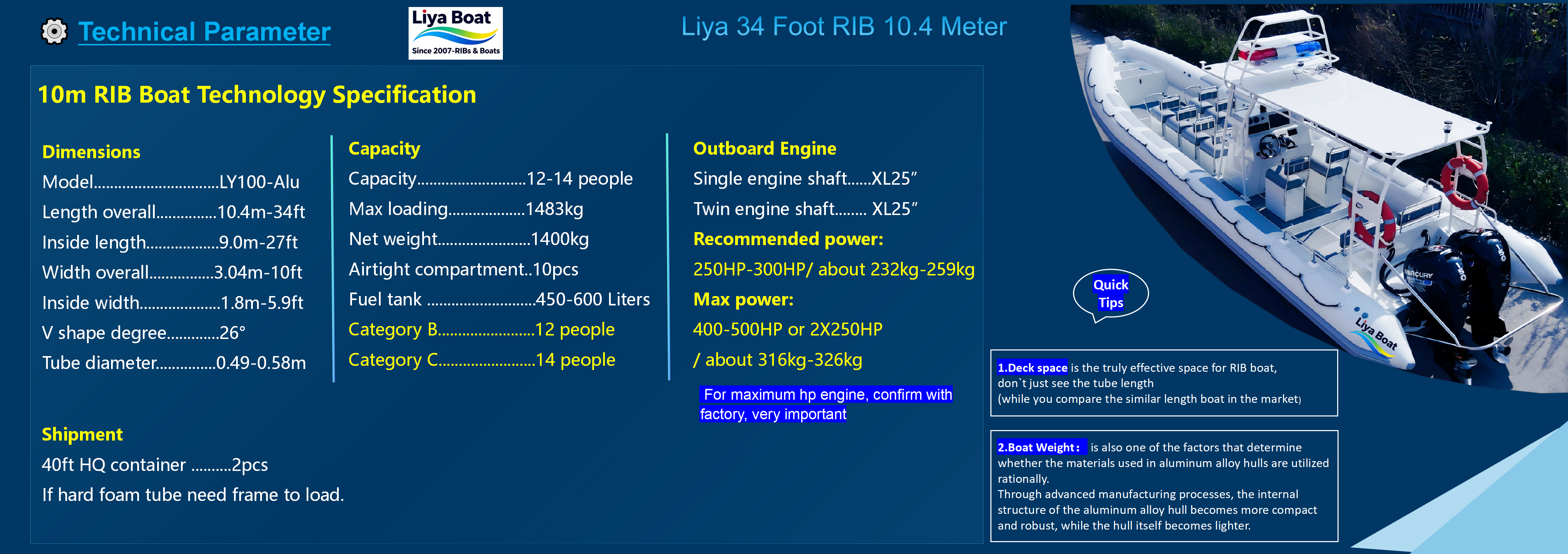 34ft Aluminum RIB Boat Technical Parameter
