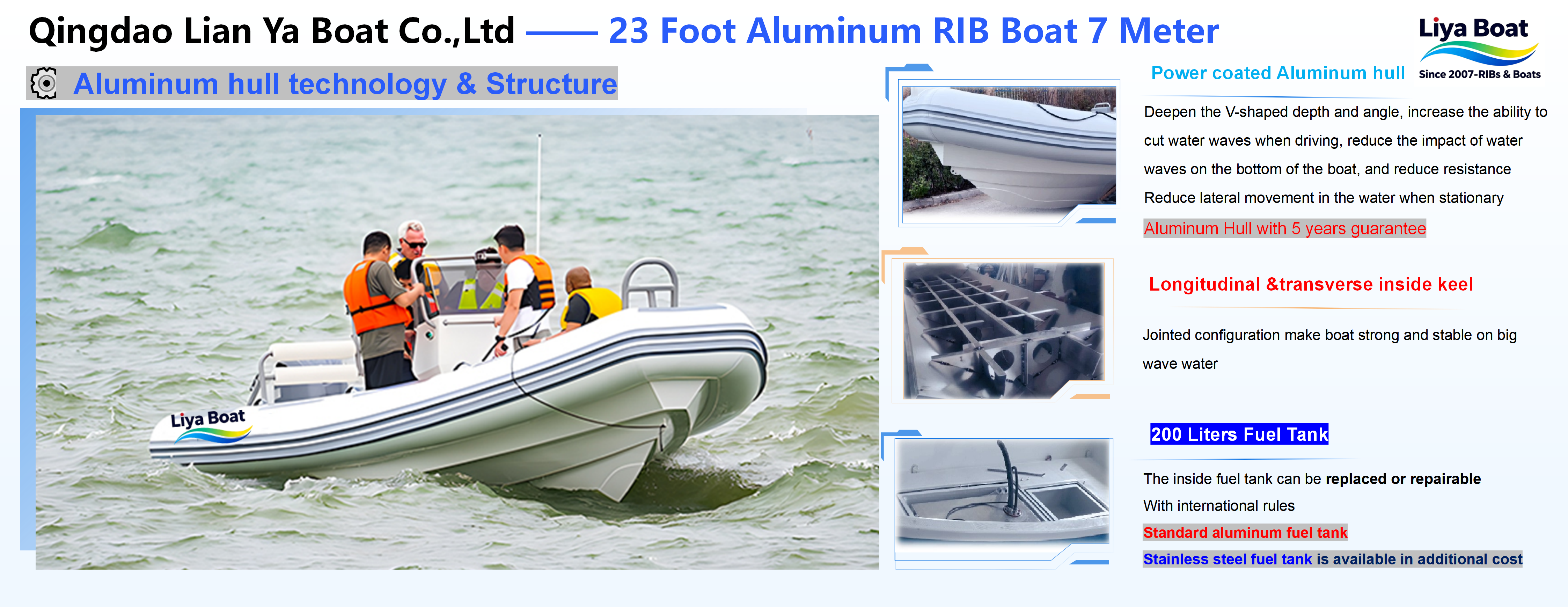 Heavy-duty welded aluminum hull structure of Liya 23FT RIB boat