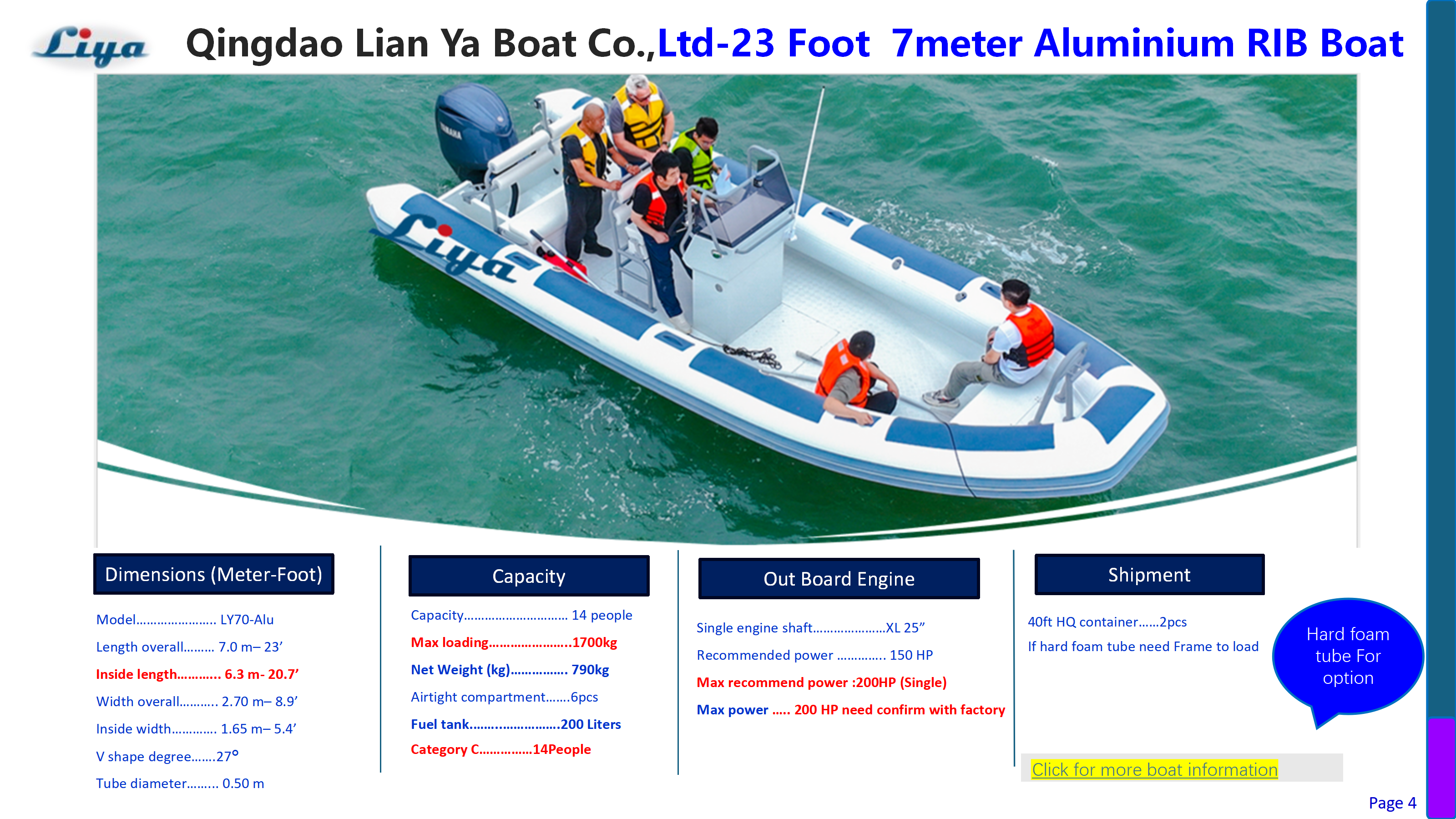 Heavy-duty welded aluminum hull construction of Liya 7m RIB work boat