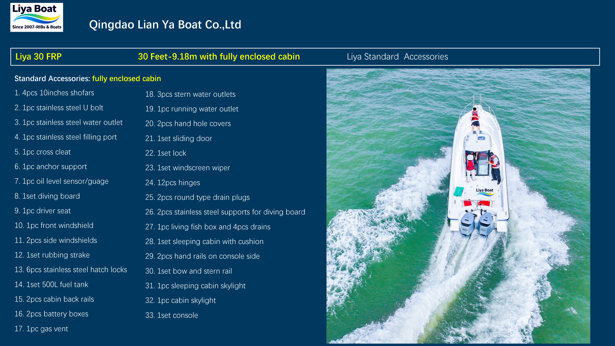 30ft cabin boat for 9 people with Standard accessories