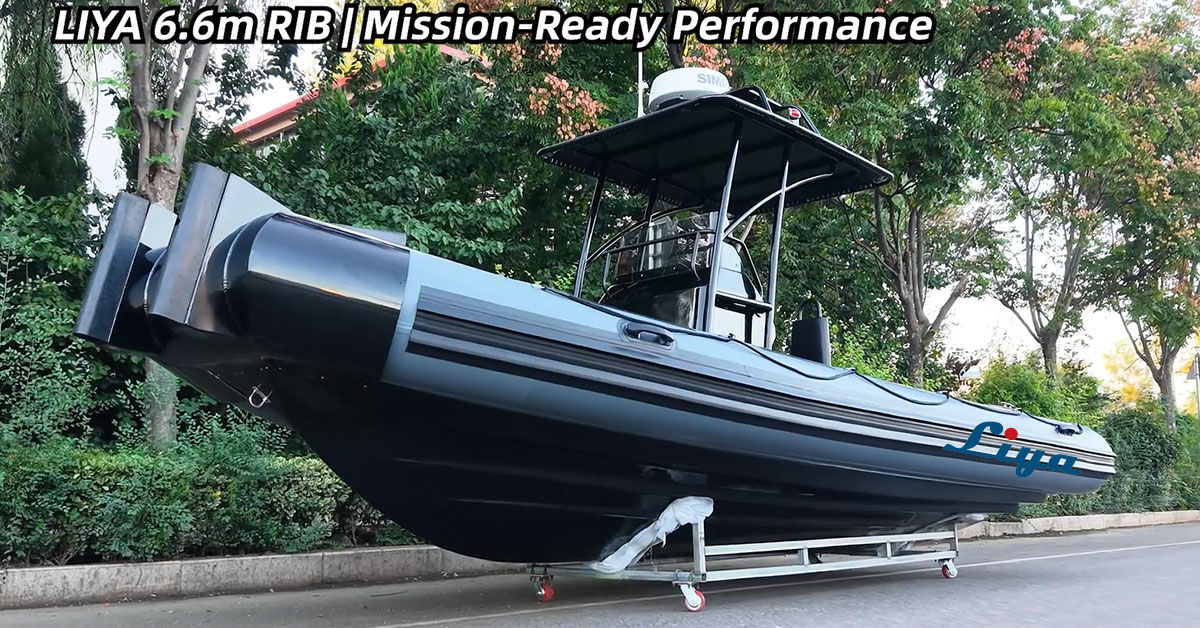 Liya 6.6m (22FT) professional military-grade RIB, showcasing its rugged fiberglass hull in a low-visibility black or dark grey tactical finish.