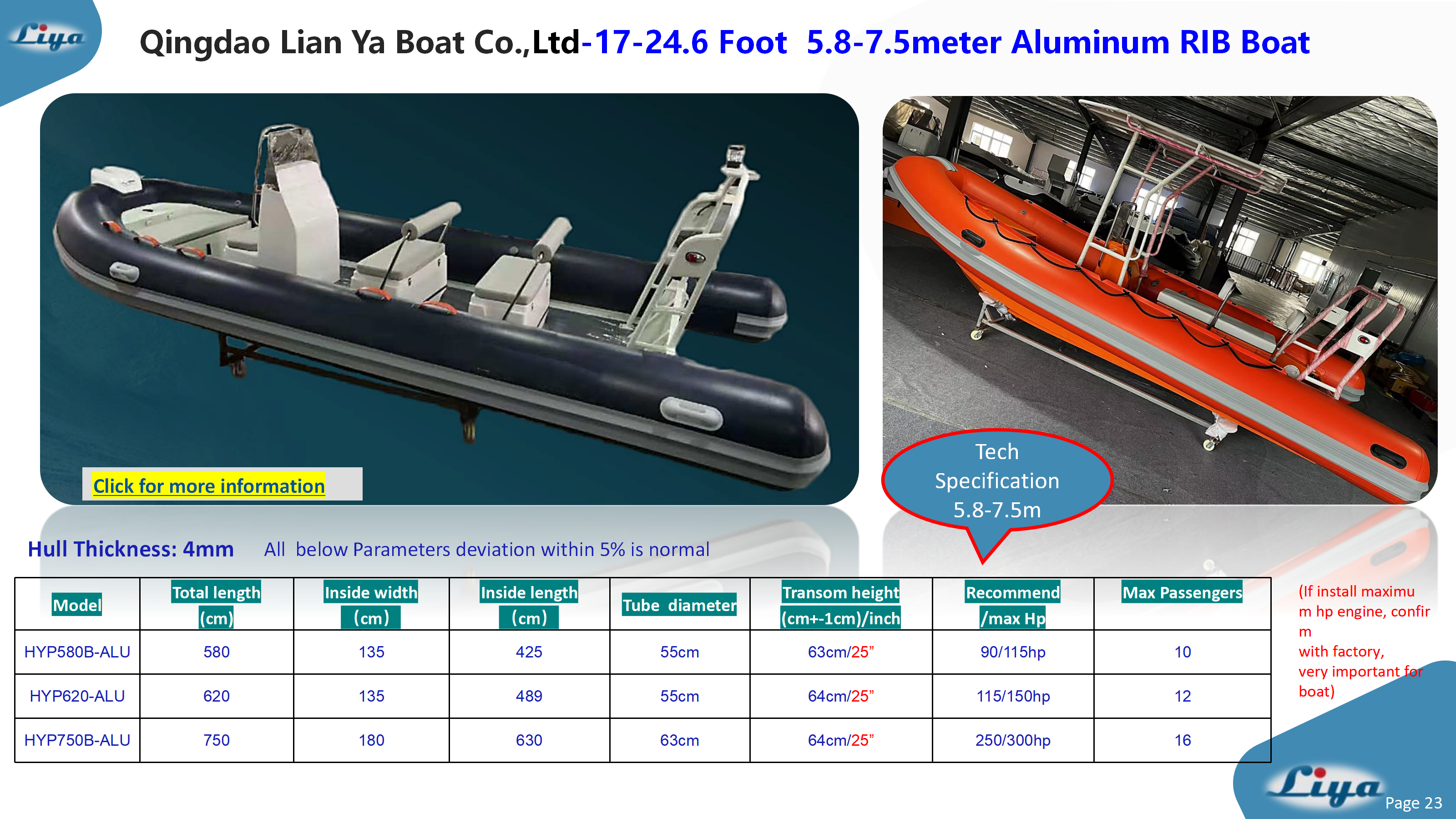 Liya 5.8-7.5 Aluminum RIB Boat specifications
