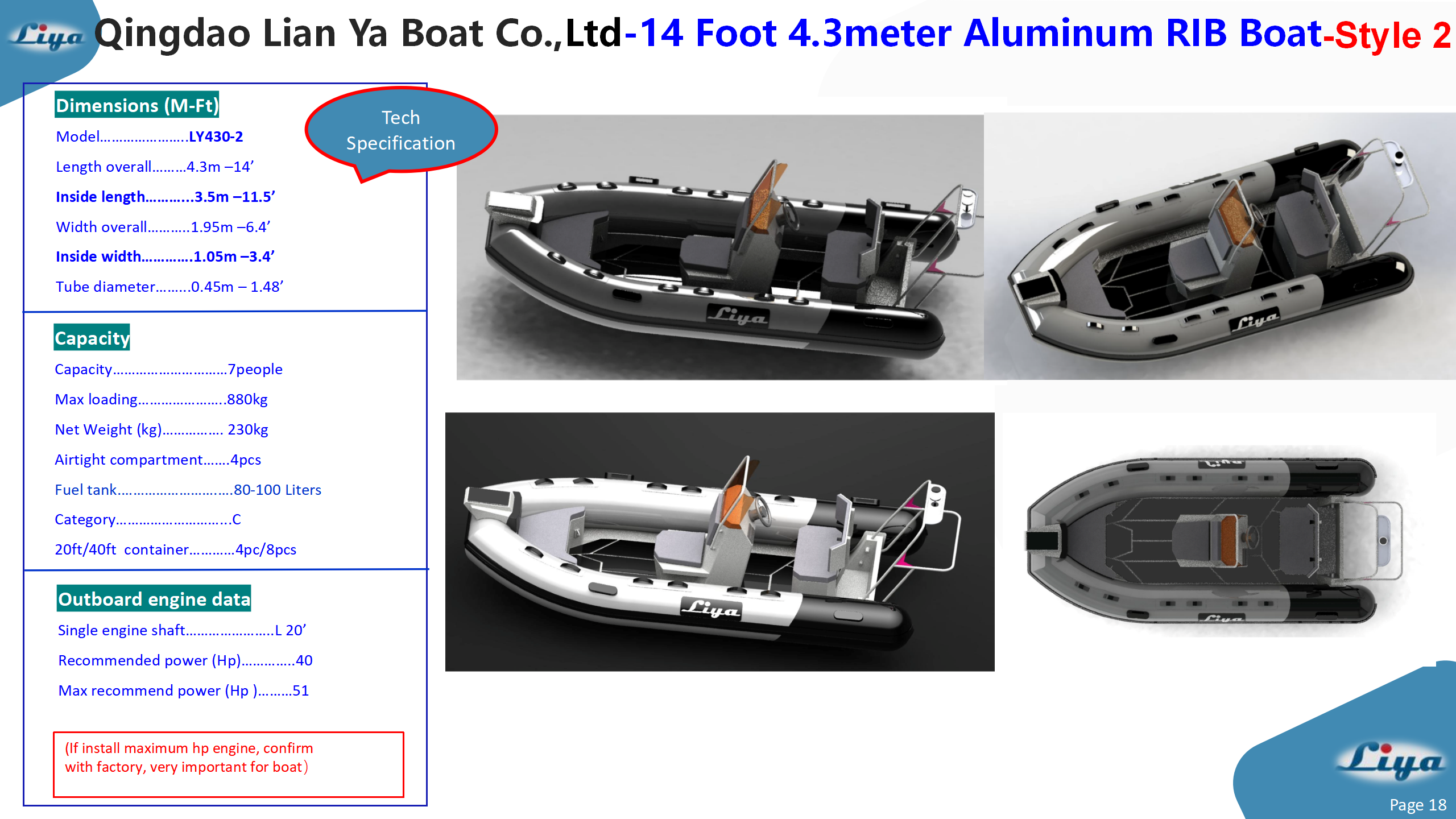 Ready-to-use 4.3m RIB package with 80-100L fuel tank and console; fully customizable colors and layout.