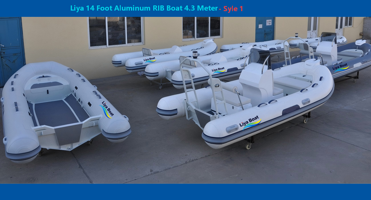 CE-certified 4.3m rigid inflatable boat (RIB) with a durable aluminum hull, ideal for water activities.