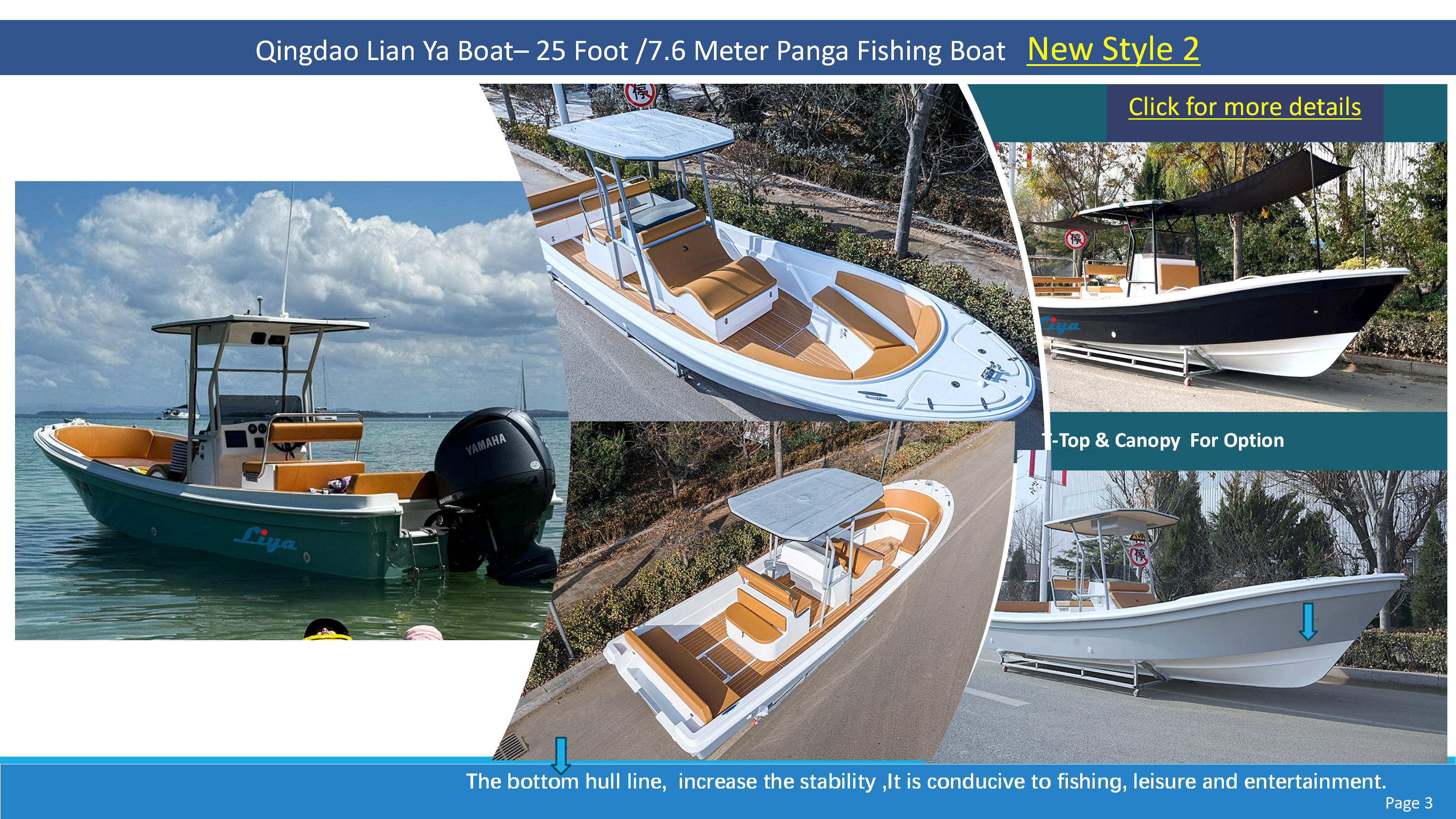 Detailed view of the robust fiberglass construction and hull design of the CE-certified Liya panga boat.