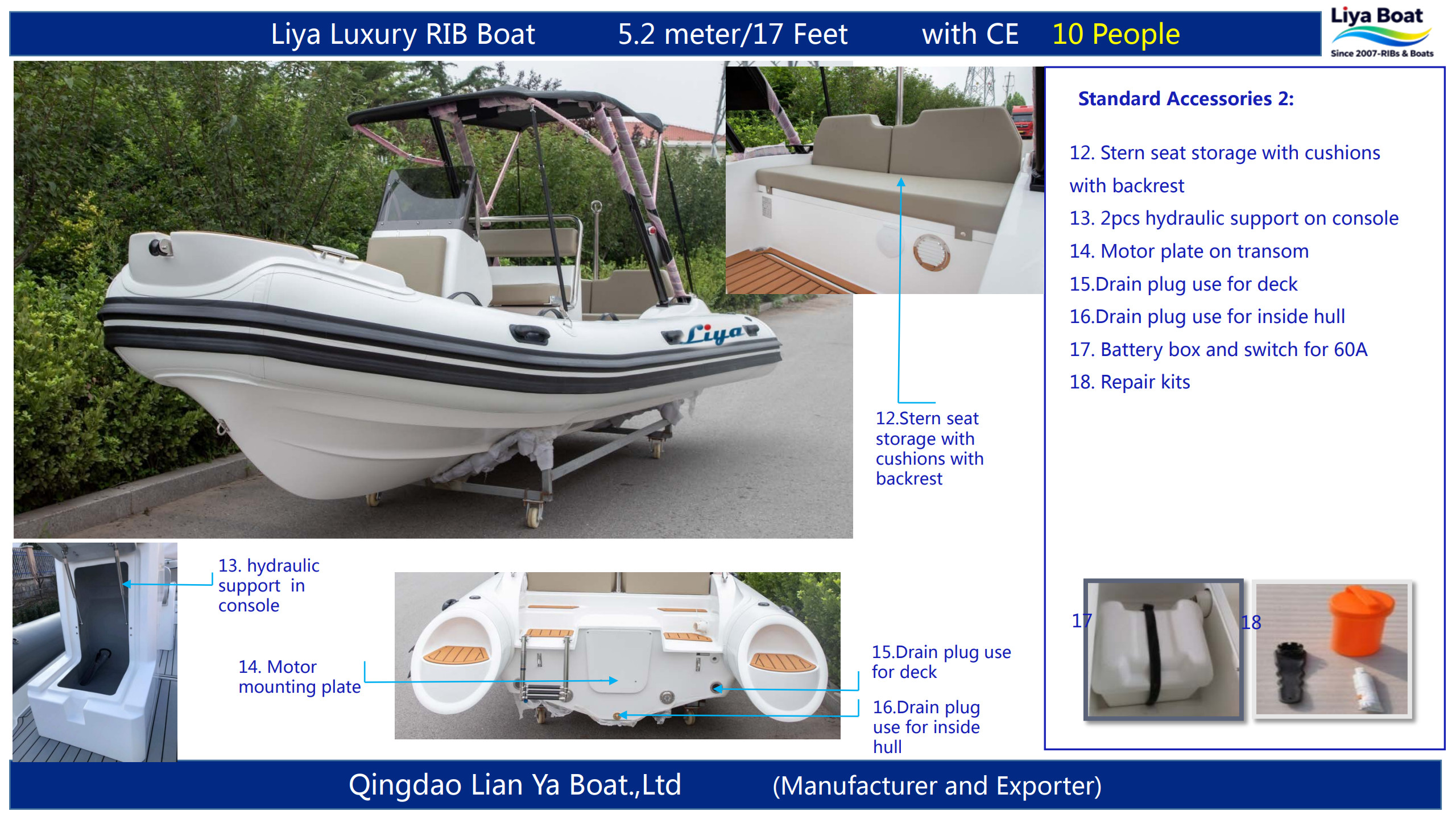 17ft rib boat for 10 people of standard accessories