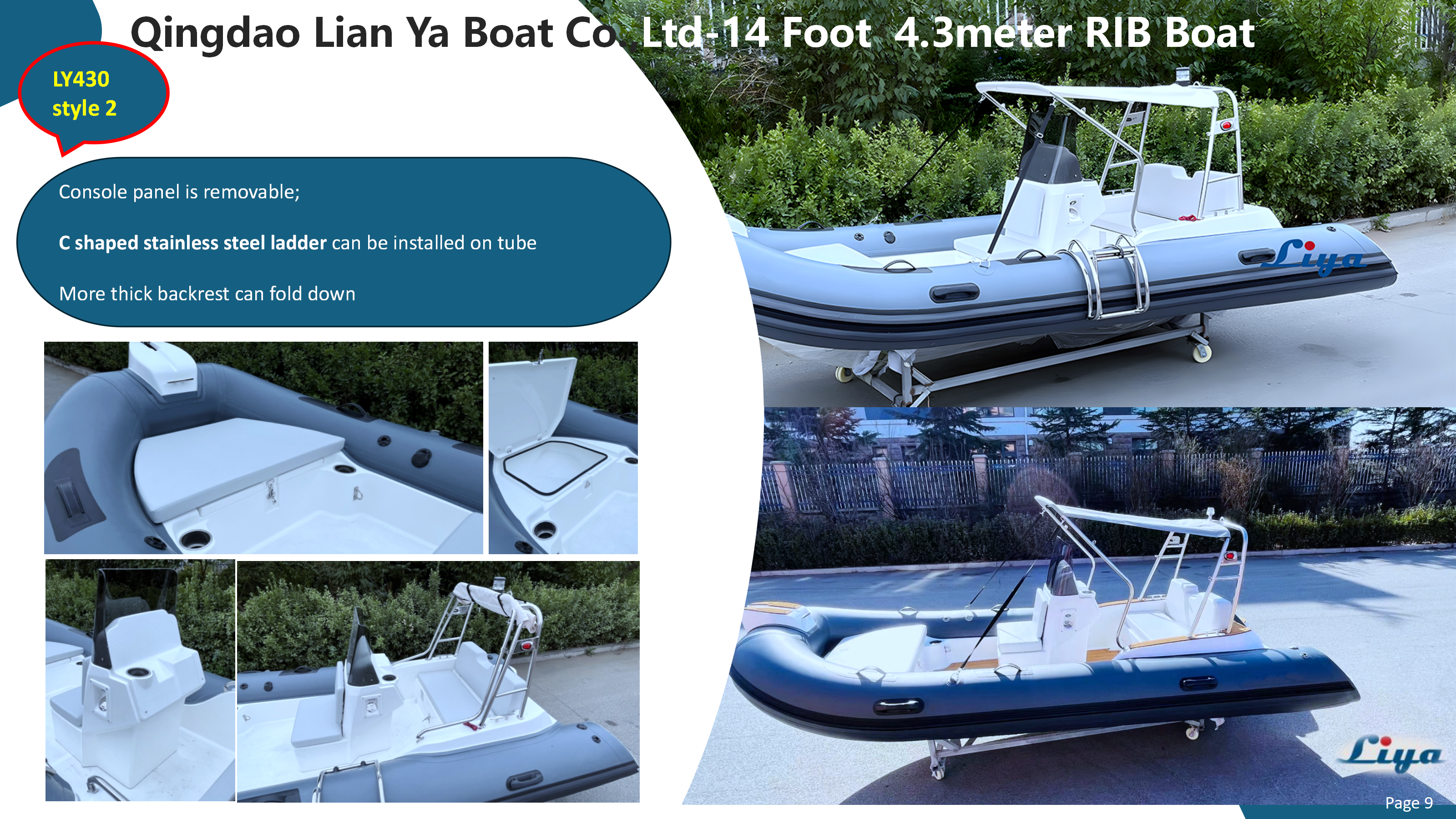Storage compartments and gear arrangement in the Liya 14ft RIB boat with 880kg