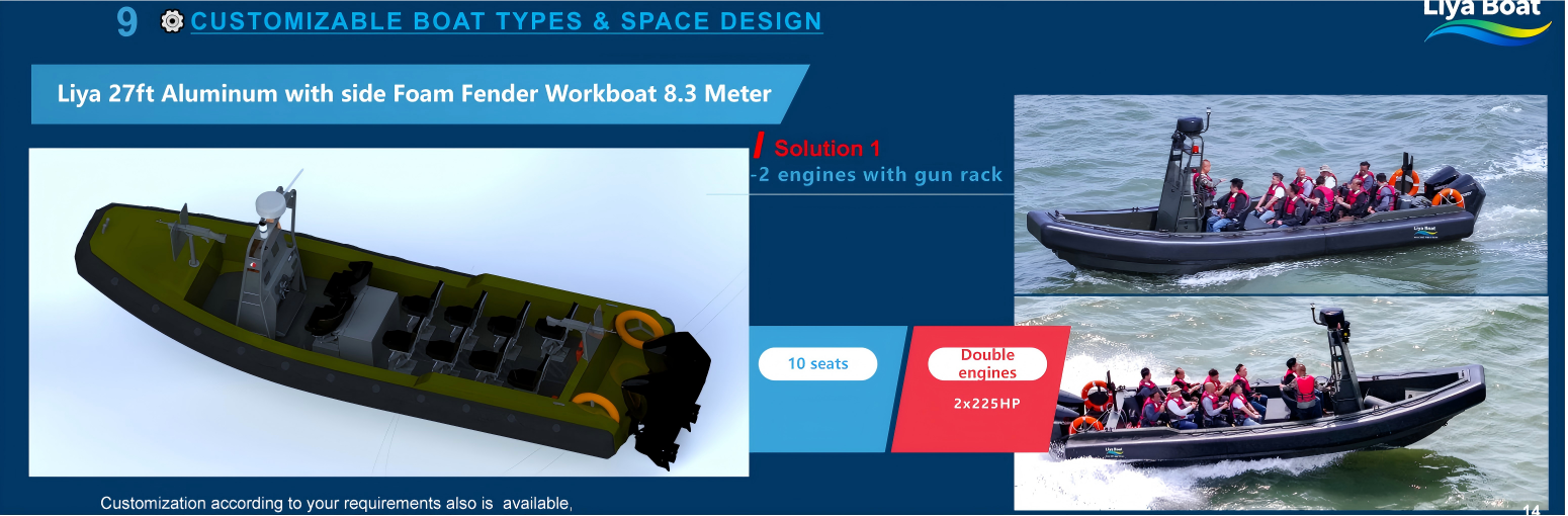 Factory reinforced bow area with mounting points for gun rack for 27ft aluminum bottom patrol boat 
