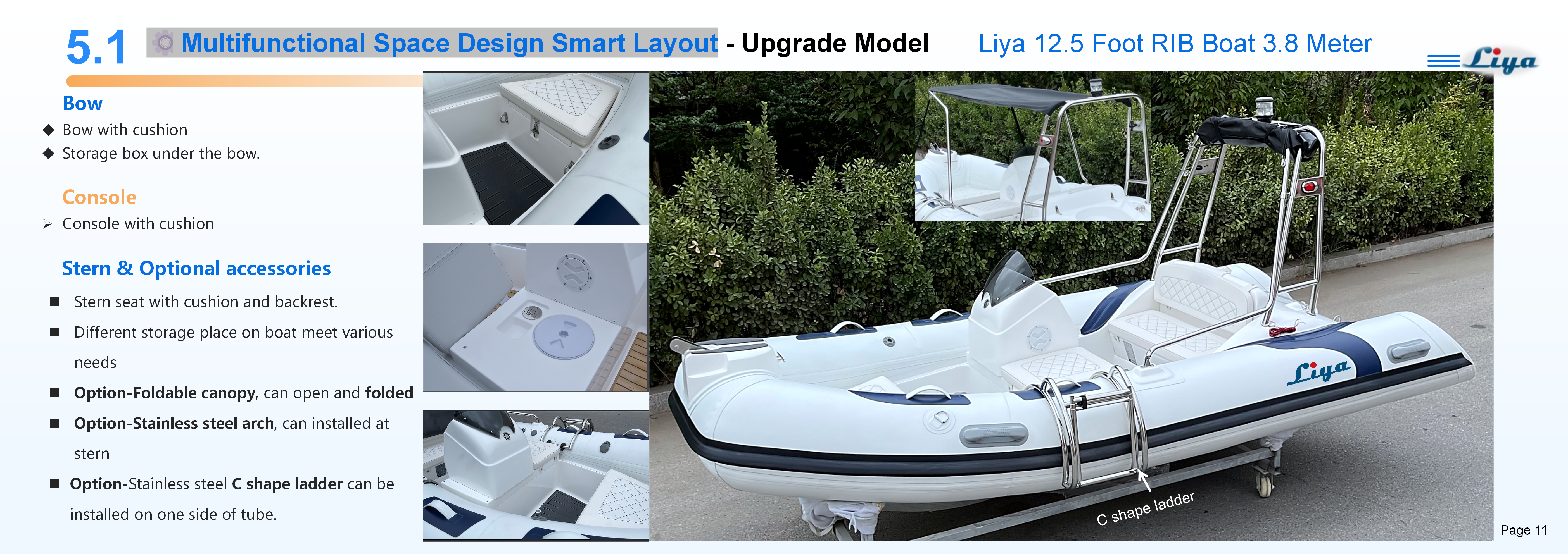 Heavy-duty construction details of Liya RIB tender boats.