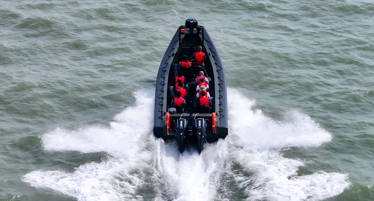 Rear view twin 225 hp outboard aluminum patrol boat