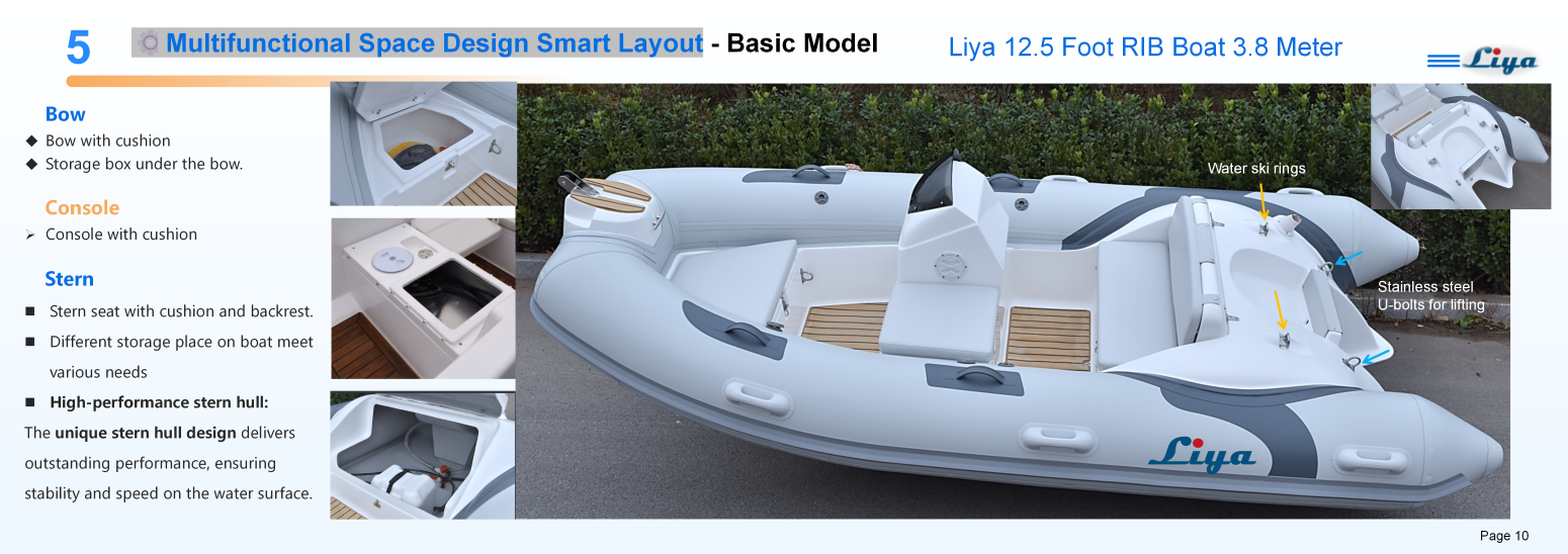 60L fuel tank and storage compartments inside the Liya 3.8m tender boat.