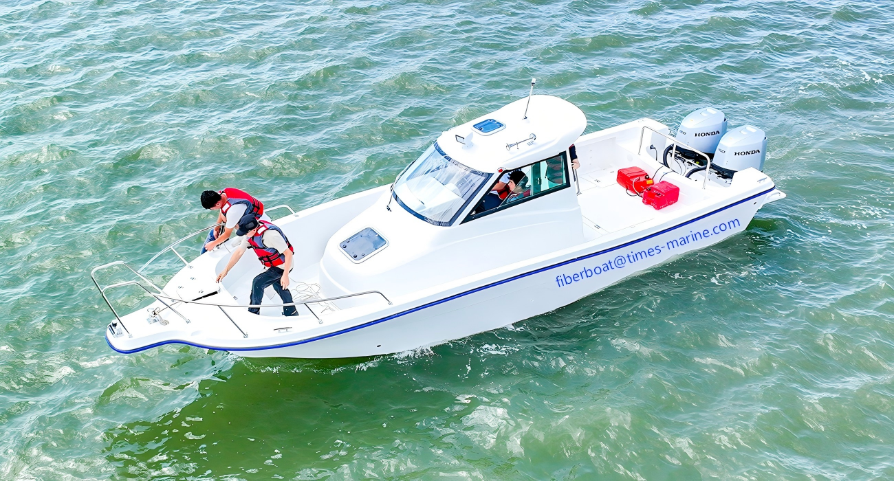 TM 30ft Fiberglass Cabin Fishing Boat - Side Profile at Sea