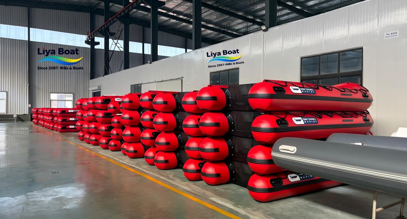 Spacious interior of an 8m inflatable boat with seating for up to 18 people.