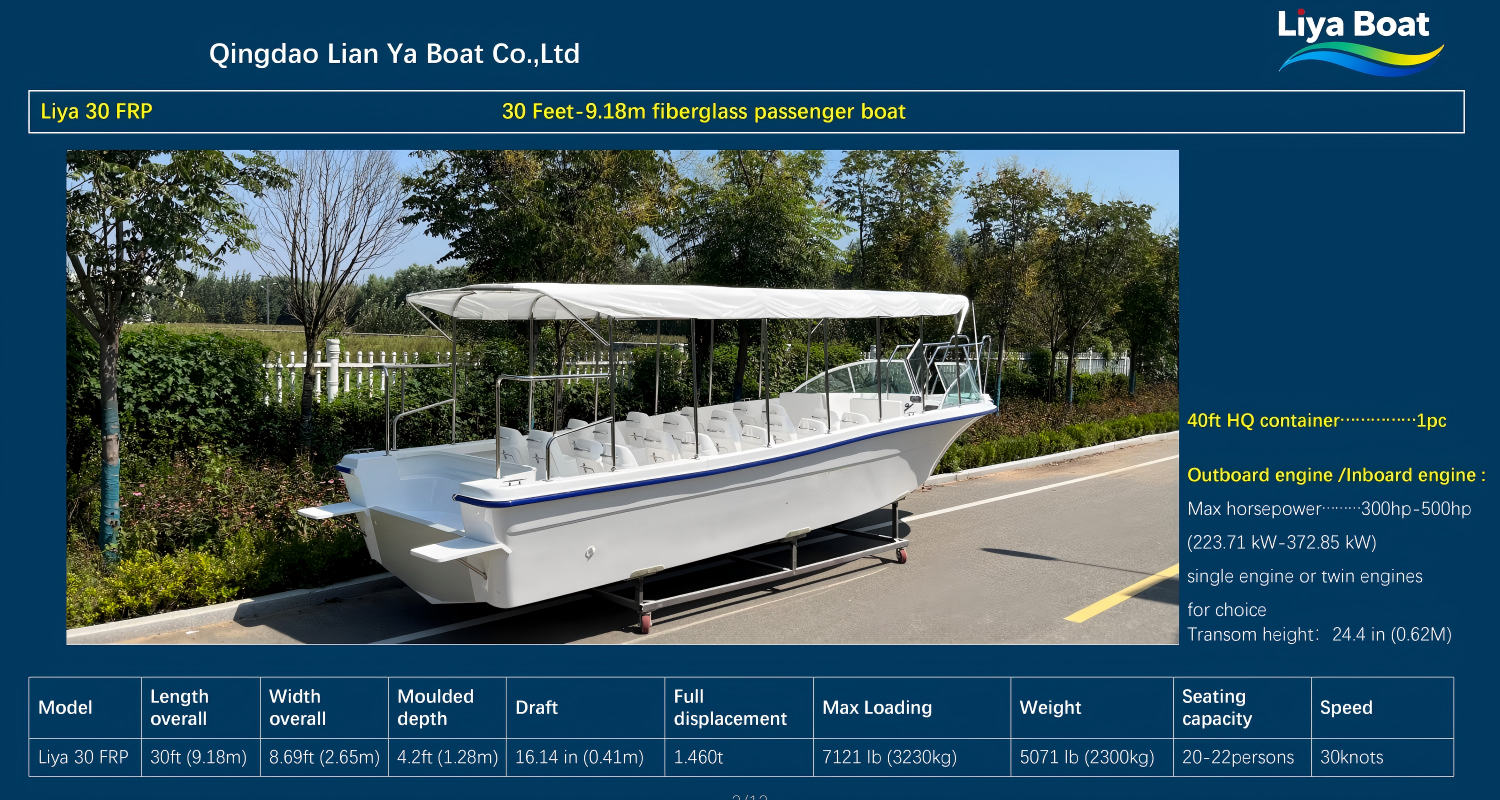 Liya 30ft Passenger Sightseeing Boat Technical Parameter 30 fot-9,18m passasjerbåt i glassfiber