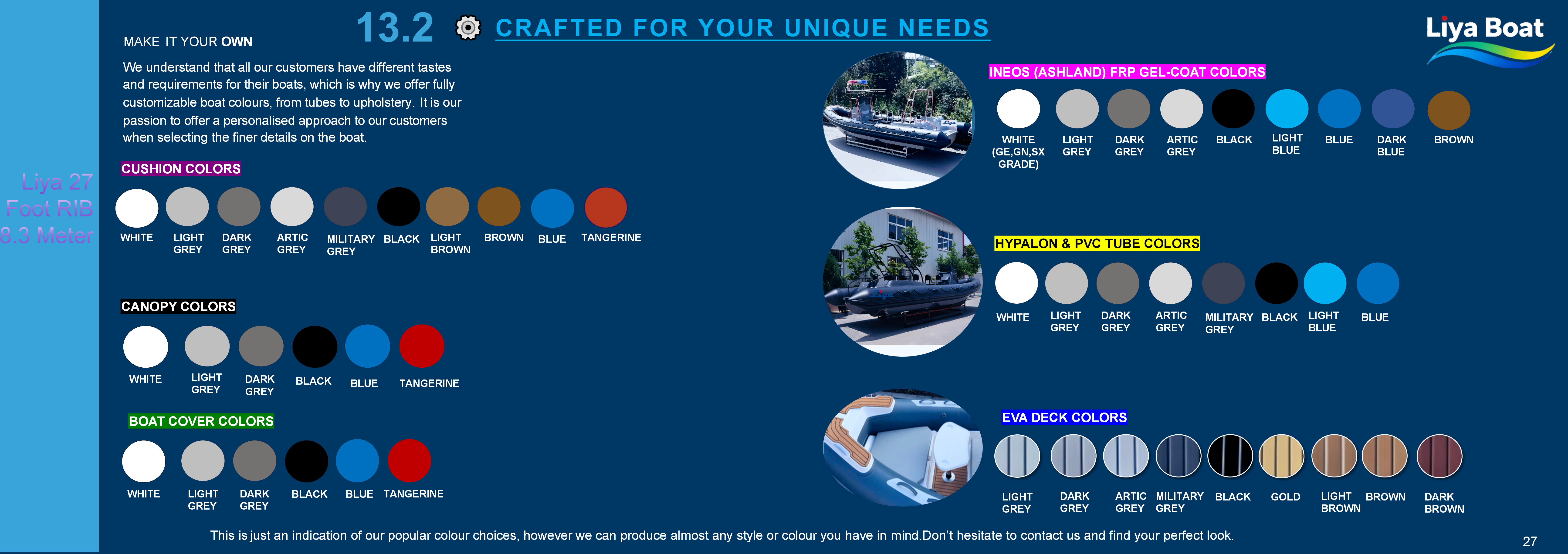 Liya 27 foot work RIB boat with Hypalon PVC and EVA deck color options